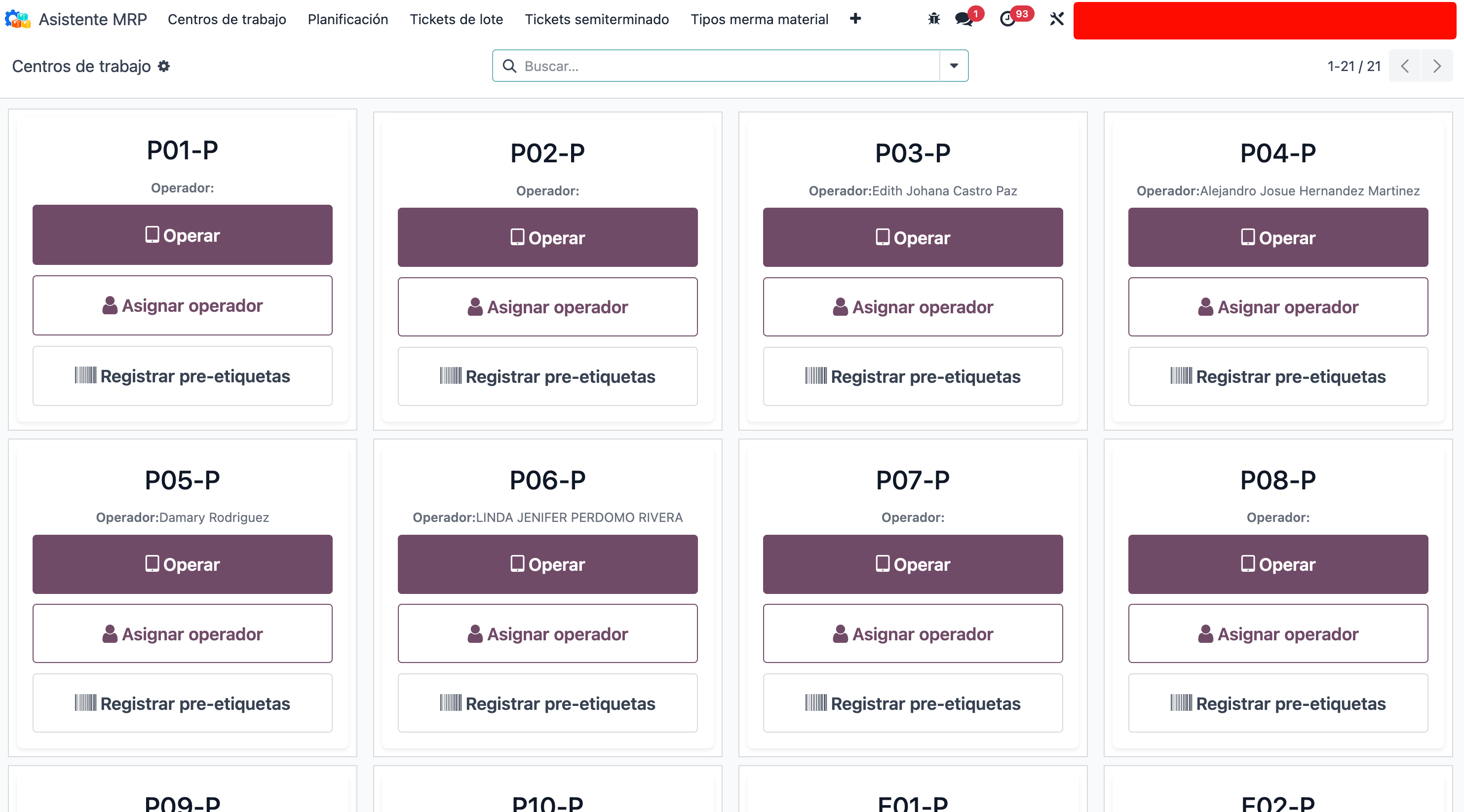Centros de trabajo en piso. El operario entra con PIN.