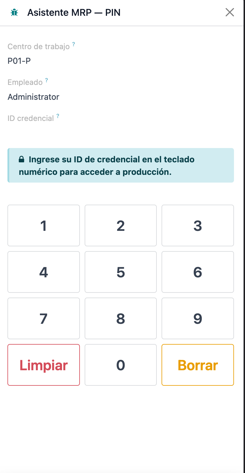 PIN de operador en tablet, directo a la orden.